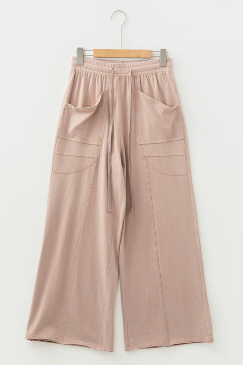 Mineral Wash Pocketed Piping Trim Wide Leg Pants