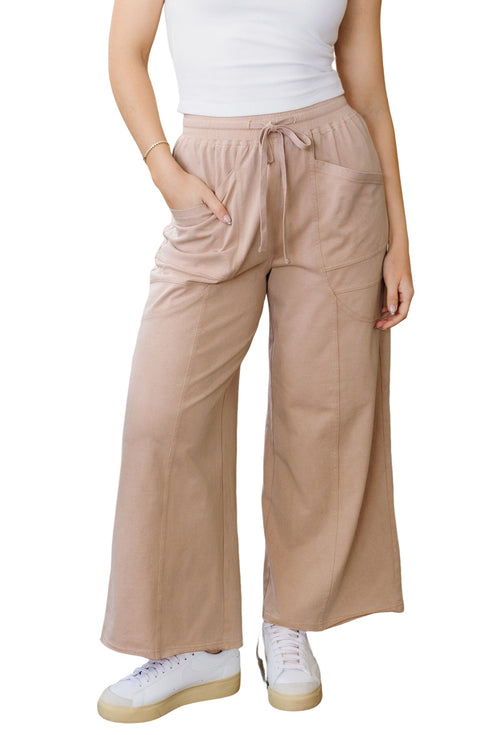 Mineral Wash Pocketed Piping Trim Wide Leg Pants