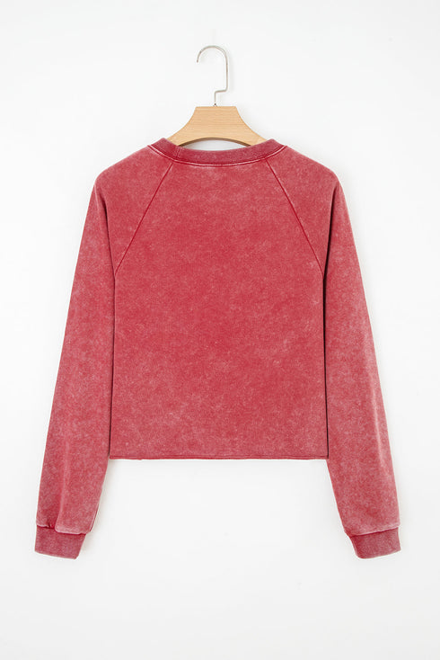 Mineral Wash Raglan Sleeve Raw Hem Cropped Pullover Sweatshirt