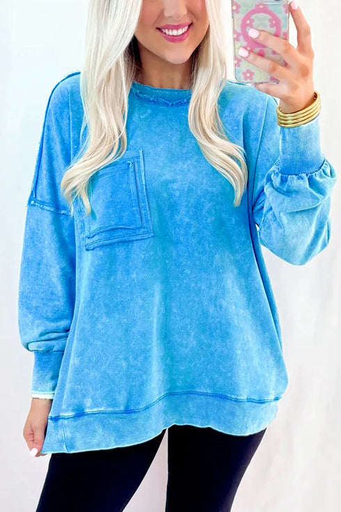Mineral Wash Raw Edge Pocket Oversized Sweatshirt