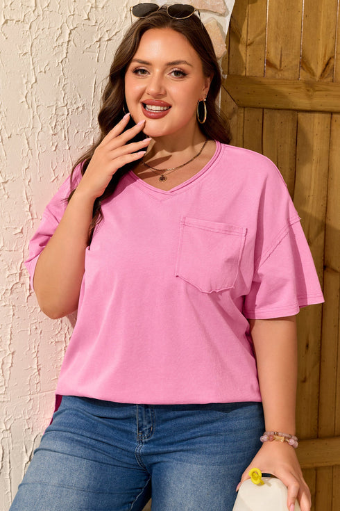 Mineral Wash Raw Edge Round Neck Plus Size Tee