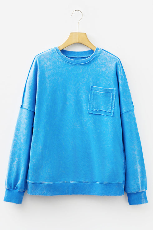 Mineral Wash Raw Seam Double Patch Pocket Pullover Sweatshirt