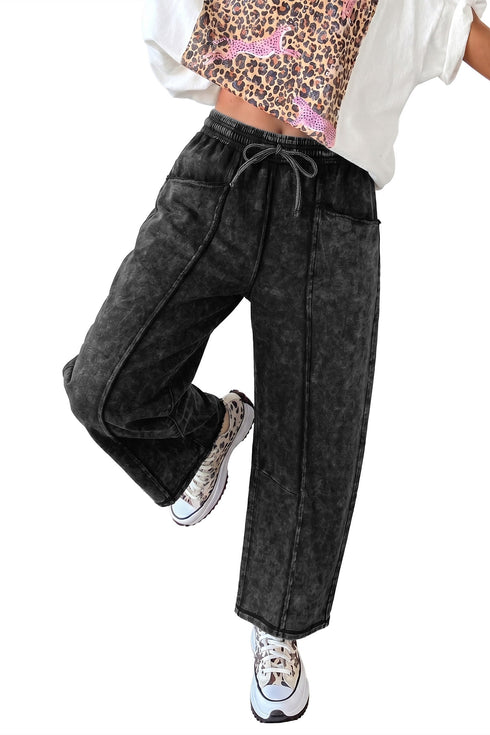 Mineral Wash Raw Seam Drawstring Elastic Waist Barrel Pants