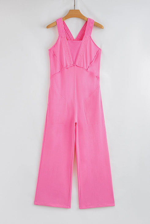Mineral Wash Ribbed Patchwork Raw Seam Wide Leg Jumpsuit