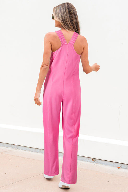 Mineral Wash Ribbed Patchwork Raw Seam Wide Leg Jumpsuit
