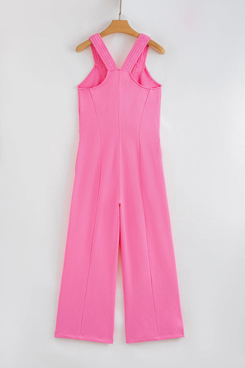 Mineral Wash Ribbed Patchwork Raw Seam Wide Leg Jumpsuit