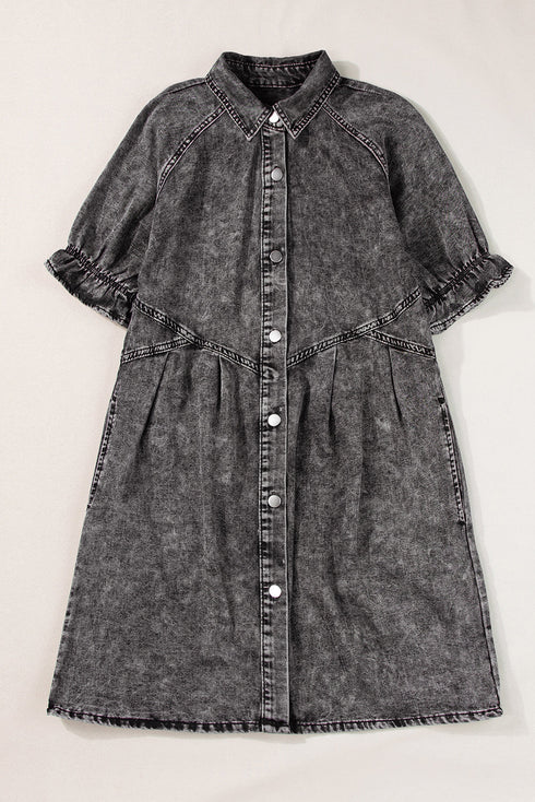 Mineral Wash Ruffled Puff Sleeve Buttoned Denim Mini Dress
