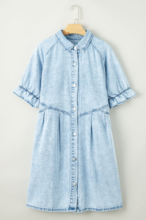 Mineral Wash Ruffled Puff Sleeve Buttoned Denim Mini Dress