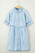 Mineral Wash Ruffled Puff Sleeve Buttoned Denim Mini Dress