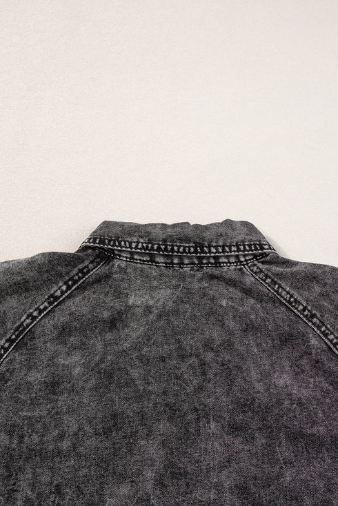 Mineral Wash Ruffled Puff Sleeve Buttoned Denim Mini Dress