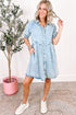 Mineral Wash Ruffled Puff Sleeve Buttoned Denim Mini Dress