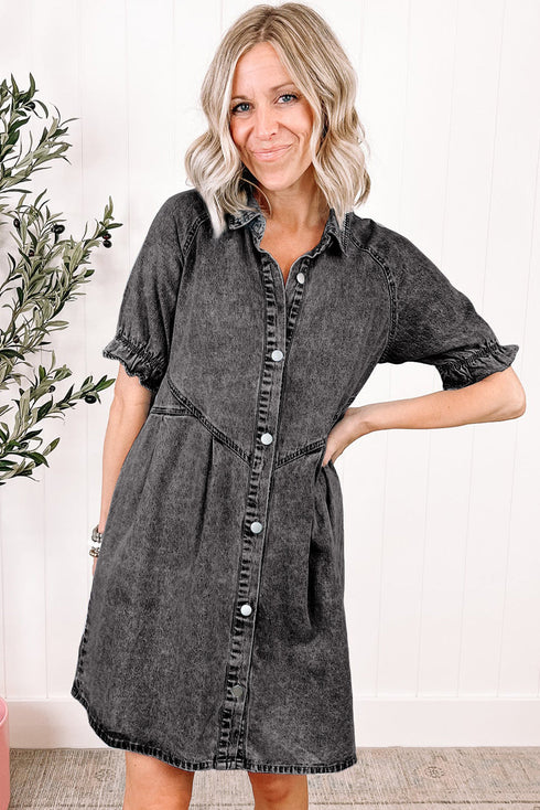 Mineral Wash Ruffled Puff Sleeve Buttoned Denim Mini Dress