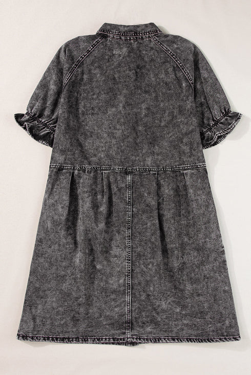 Mineral Wash Ruffled Puff Sleeve Buttoned Denim Mini Dress