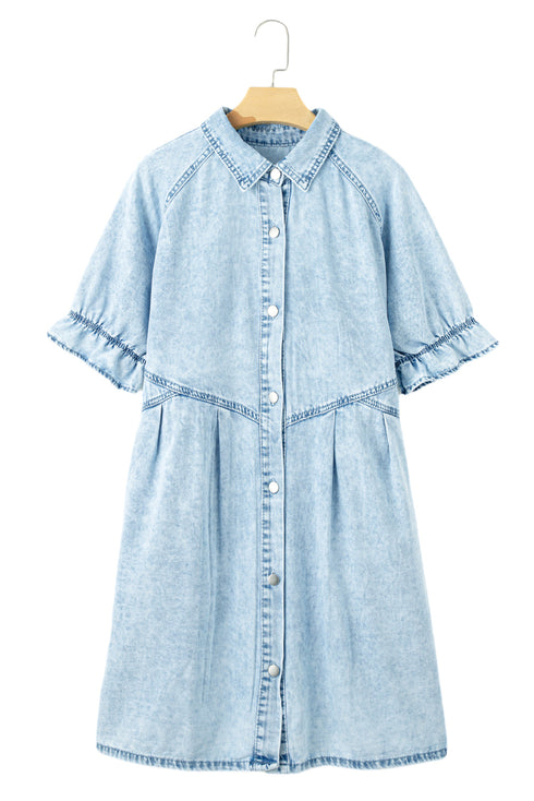 Mineral Wash Ruffled Puff Sleeve Buttoned Denim Mini Dress