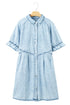 Mineral Wash Ruffled Puff Sleeve Buttoned Denim Mini Dress