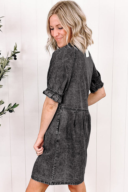Mineral Wash Ruffled Puff Sleeve Buttoned Denim Mini Dress