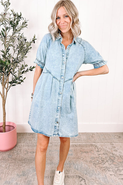 Mineral Wash Ruffled Puff Sleeve Buttoned Denim Mini Dress