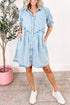 Mineral Wash Ruffled Puff Sleeve Buttoned Denim Mini Dress
