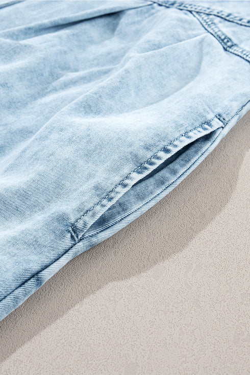 Mineral Wash Ruffled Puff Sleeve Buttoned Denim Mini Dress