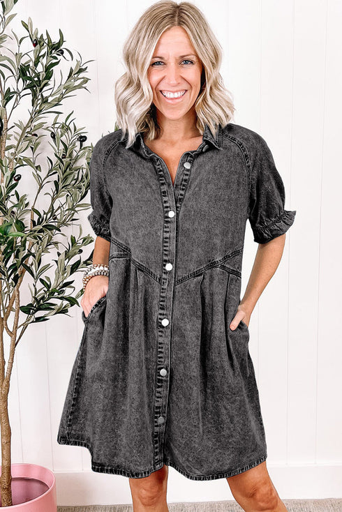 Mineral Wash Ruffled Puff Sleeve Buttoned Denim Mini Dress