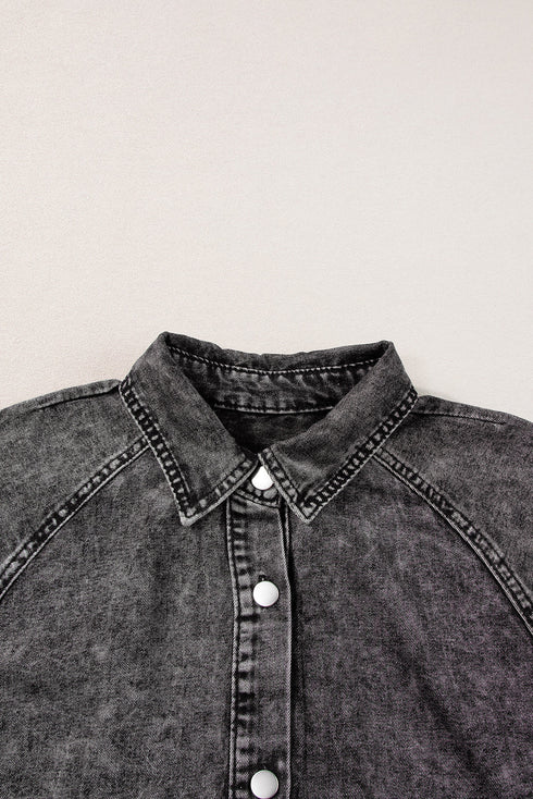 Mineral Wash Ruffled Puff Sleeve Buttoned Denim Mini Dress