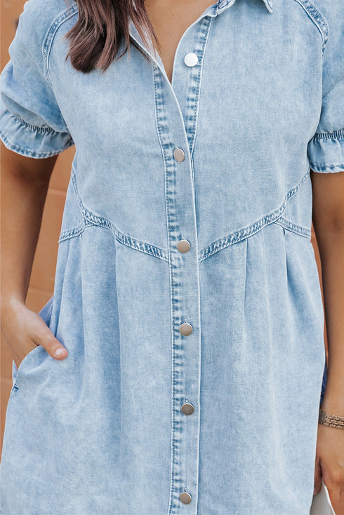 Mineral Wash Ruffled Puff Sleeve Buttoned Denim Mini Dress