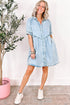 Mineral Wash Ruffled Puff Sleeve Buttoned Denim Mini Dress