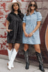 Mineral Wash Ruffled Puff Sleeve Buttoned Denim Mini Dress