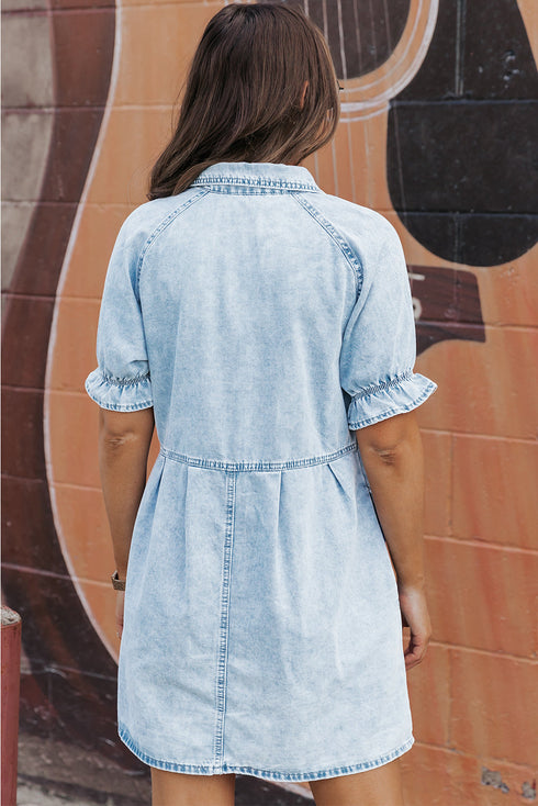 Mineral Wash Ruffled Puff Sleeve Buttoned Denim Mini Dress