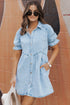 Mineral Wash Ruffled Puff Sleeve Buttoned Denim Mini Dress