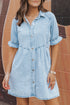 Mineral Wash Ruffled Puff Sleeve Buttoned Denim Mini Dress