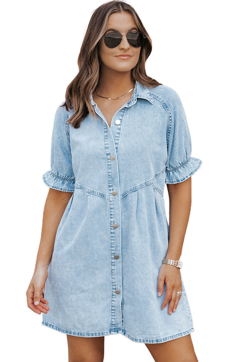 Mineral Wash Ruffled Puff Sleeve Buttoned Denim Mini Dress