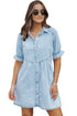 Mineral Wash Ruffled Puff Sleeve Buttoned Denim Mini Dress
