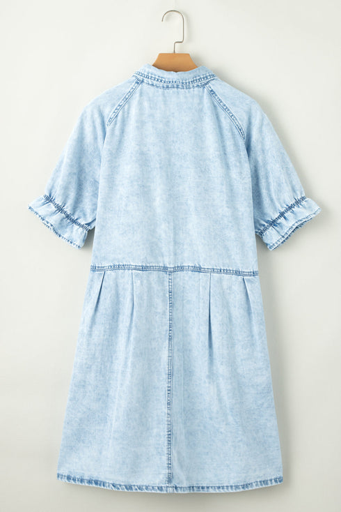 Mineral Wash Ruffled Puff Sleeve Buttoned Denim Mini Dress