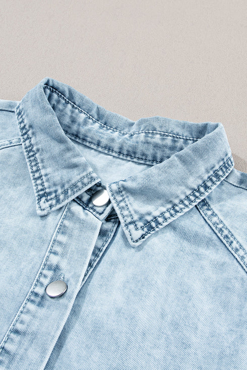 Mineral Wash Ruffled Puff Sleeve Buttoned Denim Mini Dress