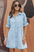 Mineral Wash Ruffled Puff Sleeve Buttoned Denim Mini Dress