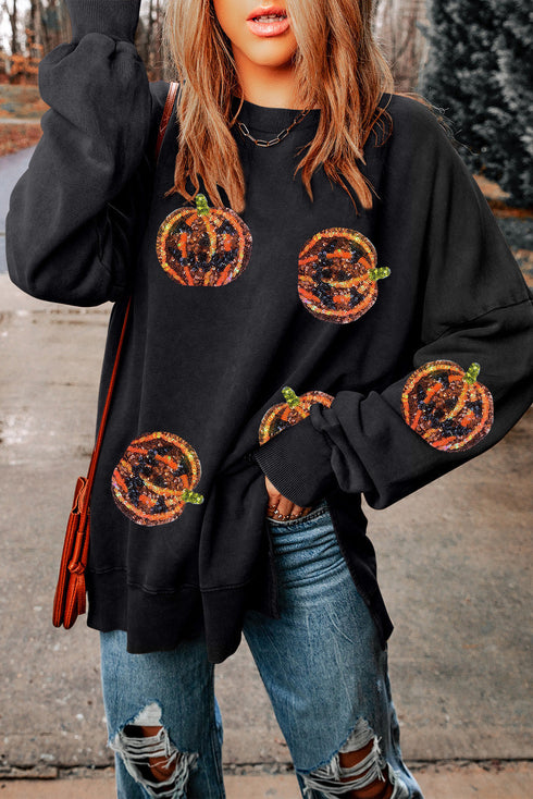 Mineral Wash Sequin Pumpkin Patch Oversized Pullover Sweatshirt