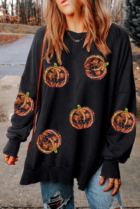 Mineral Wash Sequin Pumpkin Patch Oversized Pullover Sweatshirt