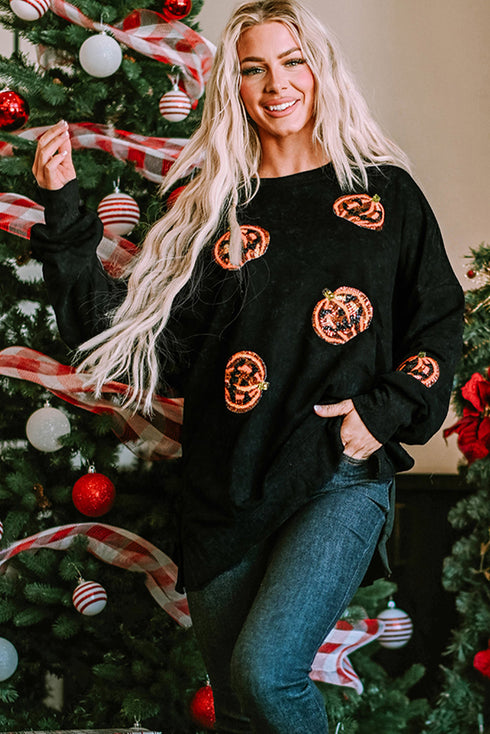 Mineral Wash Sequin Pumpkin Patch Oversized Pullover Sweatshirt