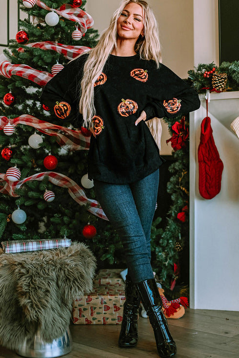 Mineral Wash Sequin Pumpkin Patch Oversized Pullover Sweatshirt