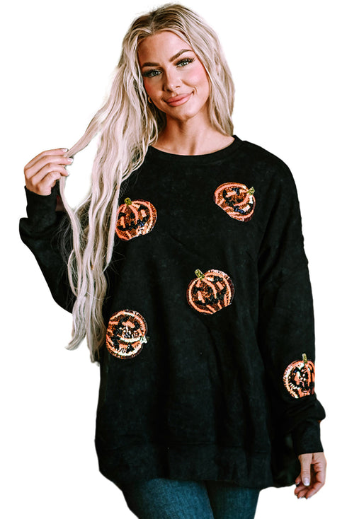 Mineral Wash Sequin Pumpkin Patch Oversized Pullover Sweatshirt