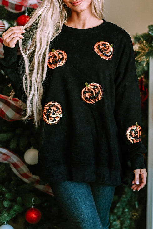Mineral Wash Sequin Pumpkin Patch Oversized Pullover Sweatshirt