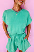 Mineral Wash Short Sleeve Drawstring Cutout Back Romper