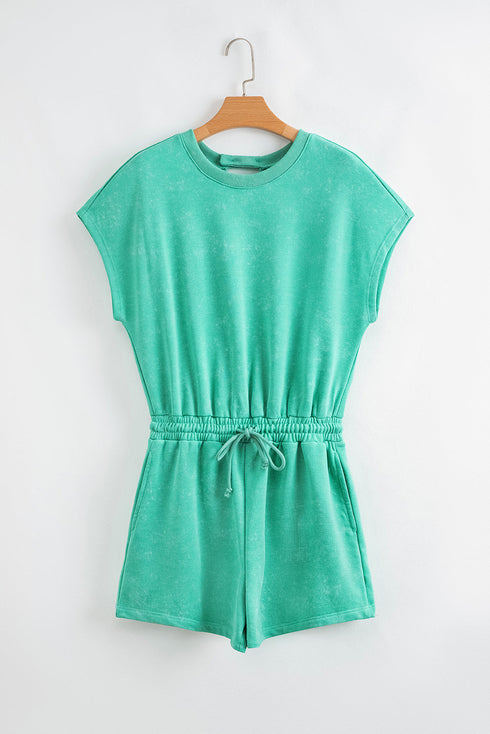 Mineral Wash Short Sleeve Drawstring Cutout Back Romper