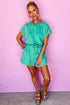 Mineral Wash Short Sleeve Drawstring Cutout Back Romper