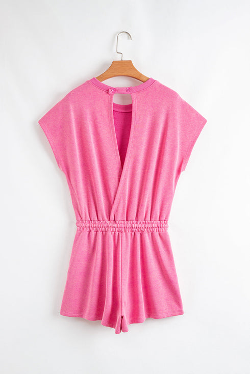 Mineral Wash Short Sleeve Drawstring Cutout Back Romper