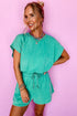 Mineral Wash Short Sleeve Drawstring Cutout Back Romper