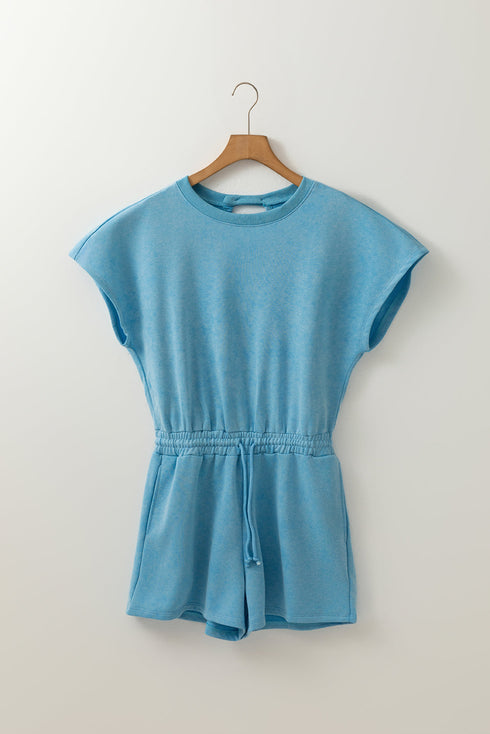 Mineral Wash Short Sleeve Drawstring Cutout Back Romper