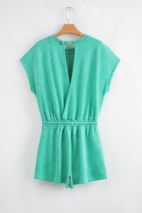 Mineral Wash Short Sleeve Drawstring Cutout Back Romper