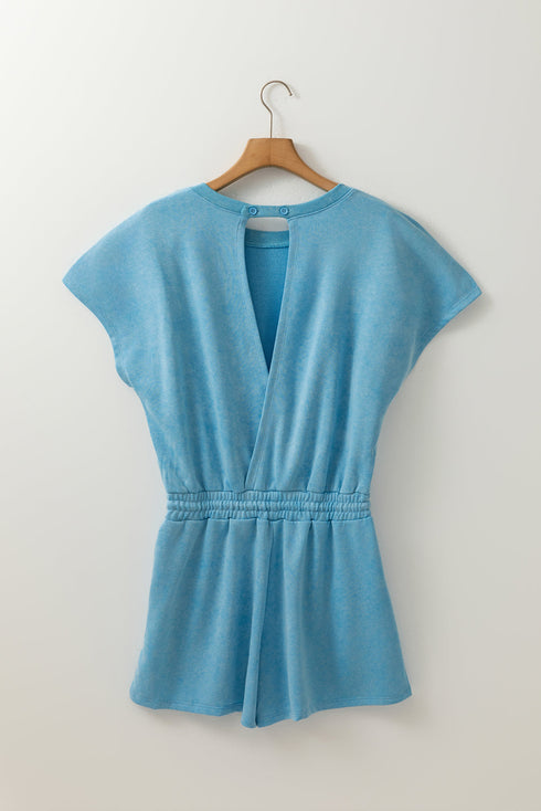 Mineral Wash Short Sleeve Drawstring Cutout Back Romper